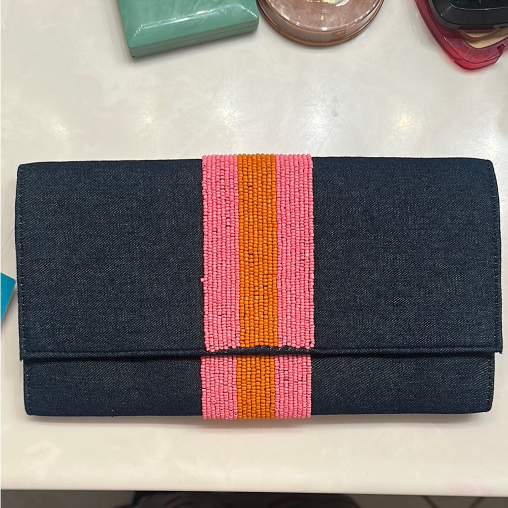 Black Clutch with Pink and Orange Beaded Stripe